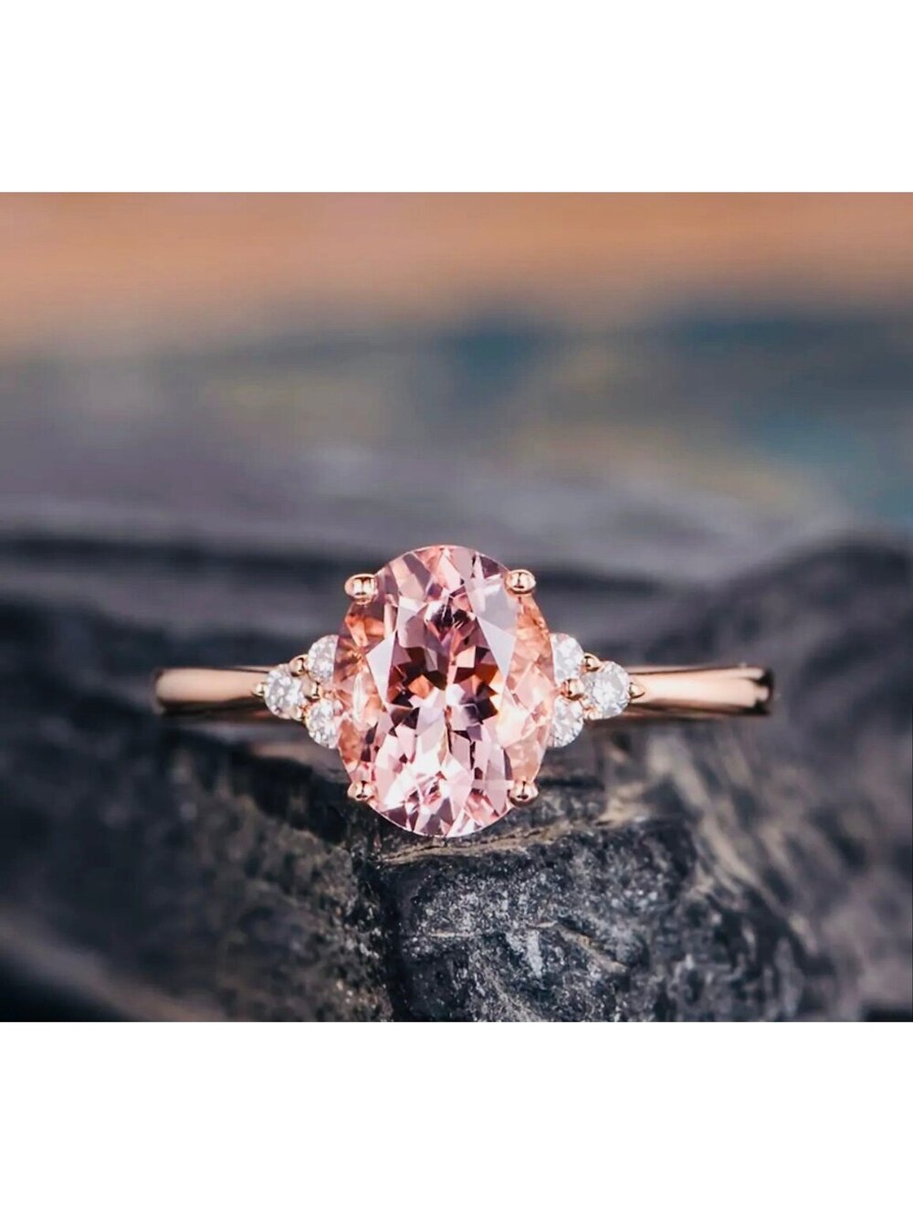 New - Elegant Rose Gold -Sparkling Oval -Pink Zirconia Ring - Size 7